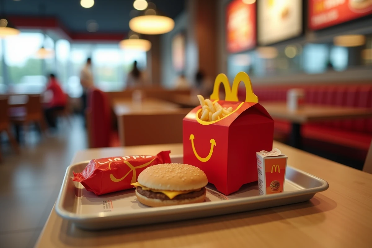 Happy Meal McDonald's ouvert sur un plateau montrant les frites, le burger emballé, le jus et le jouet inclus dans la boîte rouge