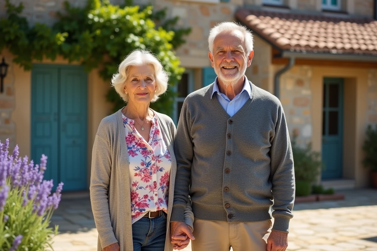 Couple de personnes âgées devant une maison en pierre traditionnelle du sud de la France, symbolisant les racines familiales et les origines provençales