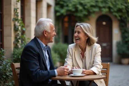 Couple élégant dans la soixantaine partageant un café en terrasse dans une cour parisienne, atmosphère intime et complice