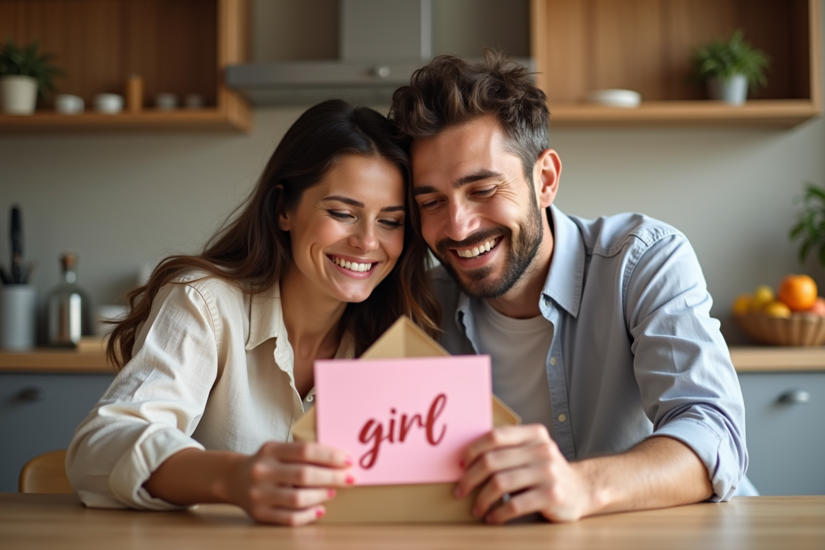 Couple souriant regardant une carte dans la cuisine