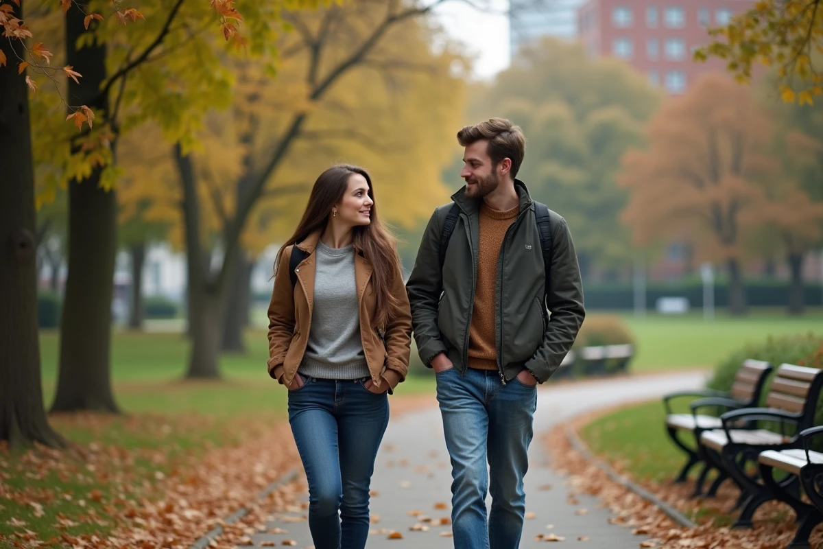 Couple marchant dans un parc en automne en discutant