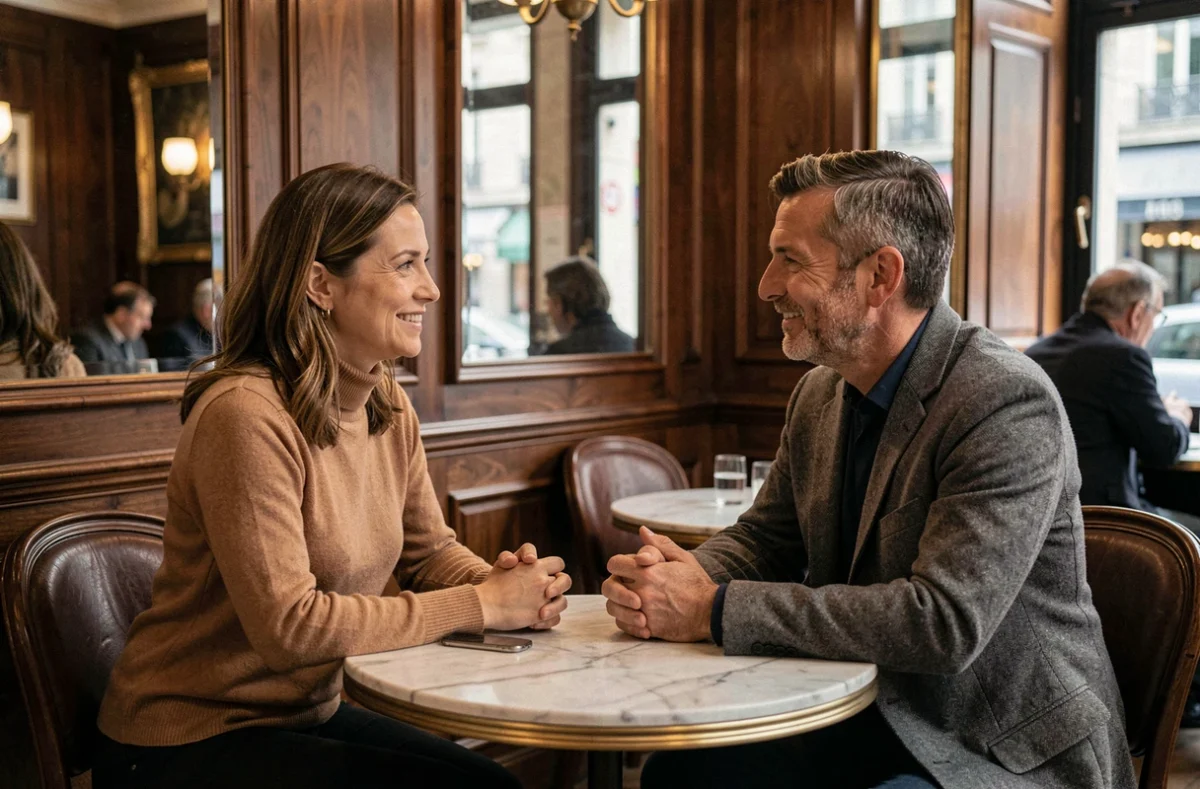 Couple complice attablé dans un café parisien illustrant l'intimité préservée d'Amandine Atalaya et son époux