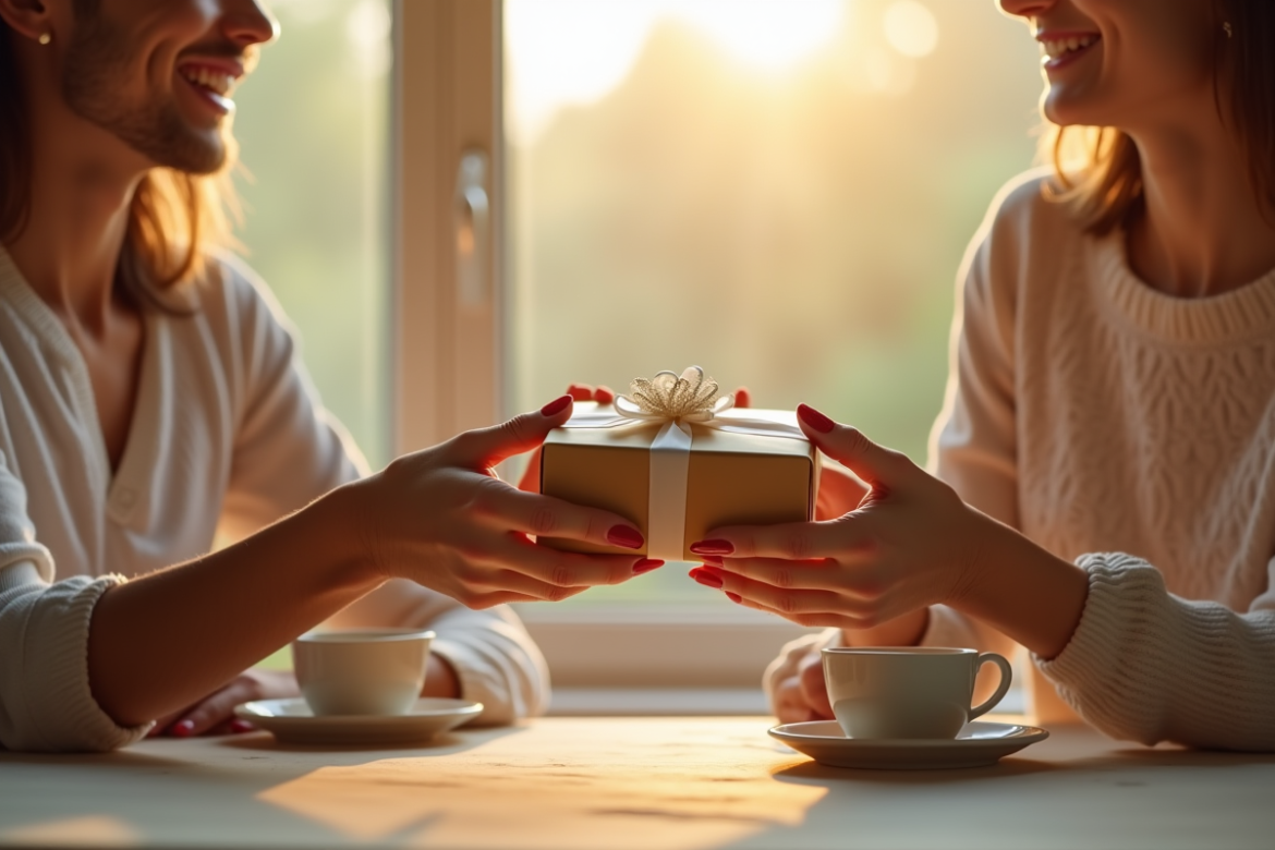 Couple échangeant des coffrets cadeaux au petit déjeuner