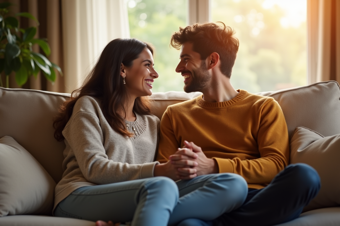Jeune couple assis sur un canapé lumineux et chaleureux