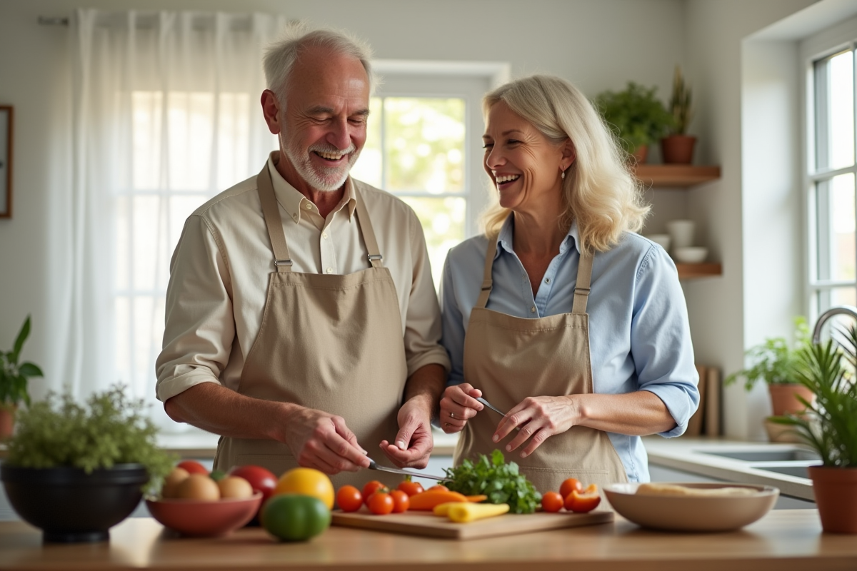 Couple senior cuisinant ensemble dans une cuisine lumineuse