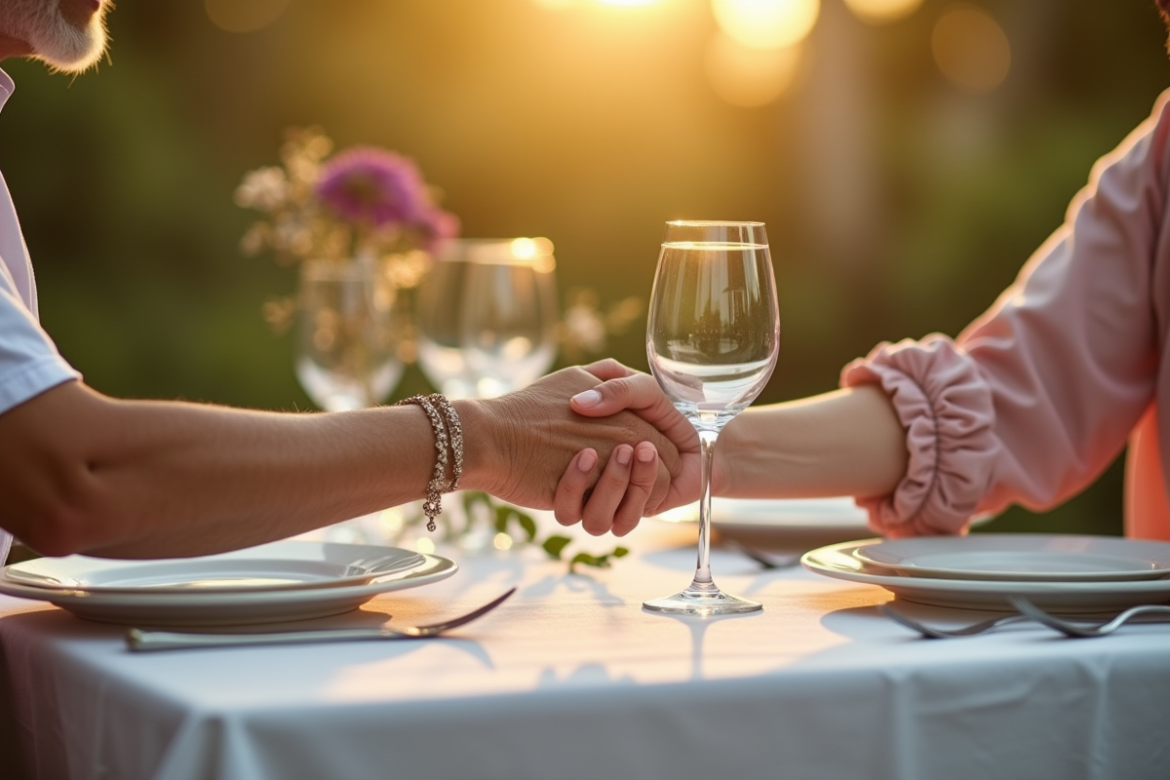 Couple mature main dans la main au dîner en jardin