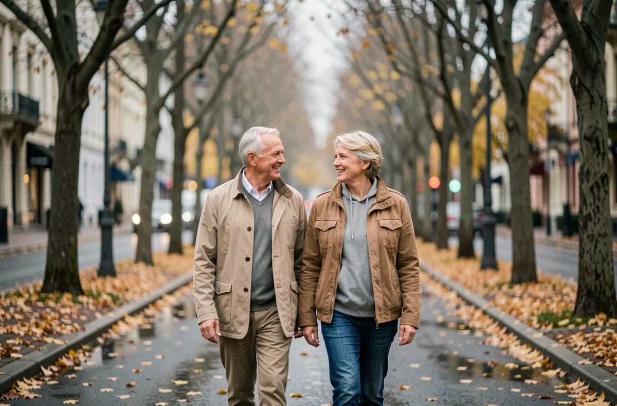 Couple de quinquagénaires marchant discrètement sur un boulevard parisien en automne, symbolisant le respect de l'intimité d'un couple médiatique