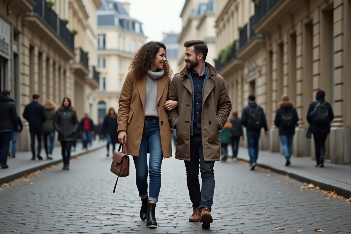 Couple marchant dans une rue pavée parisienne illustrant une vie de couple discrète