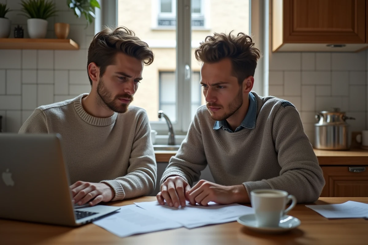 Jeune couple consultant un dossier CAF depuis leur domicile sur ordinateur portable