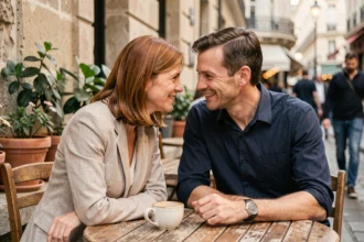 Couple complice attablé en terrasse parisienne, sourires naturels et ambiance chaleureuse illustrant une relation épanouie en 2026