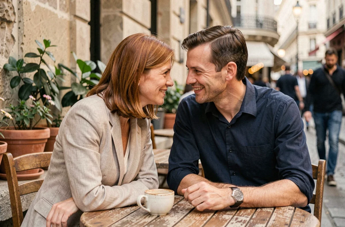 Couple complice attablé en terrasse parisienne, sourires naturels et ambiance chaleureuse illustrant une relation épanouie en 2026