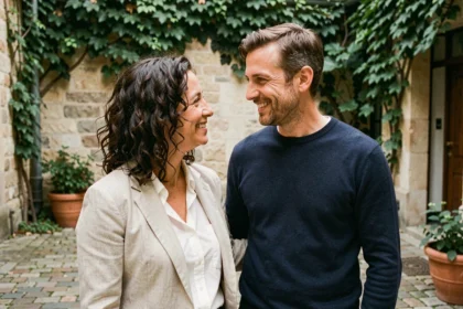 Couple discret et complice dans une cour parisienne illustrant la vie privée d'Amandine Atalaya et son mari