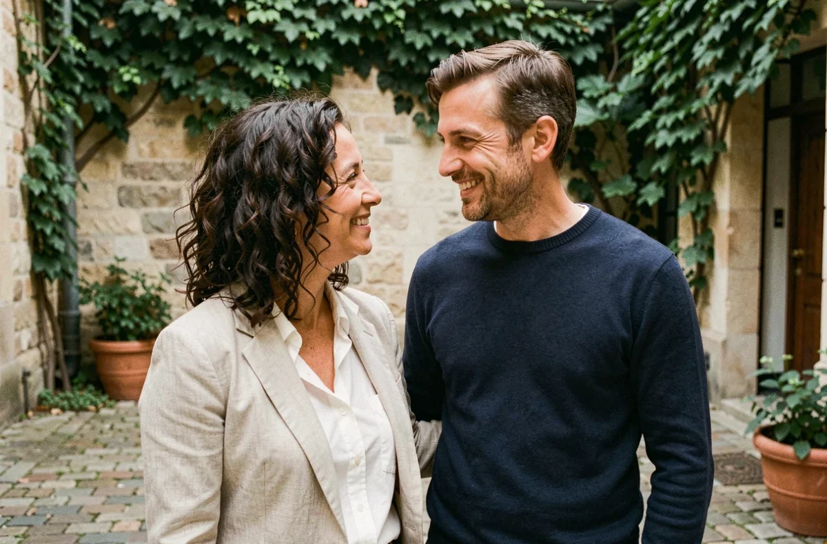 Couple discret et complice dans une cour parisienne illustrant la vie privée d'Amandine Atalaya et son mari