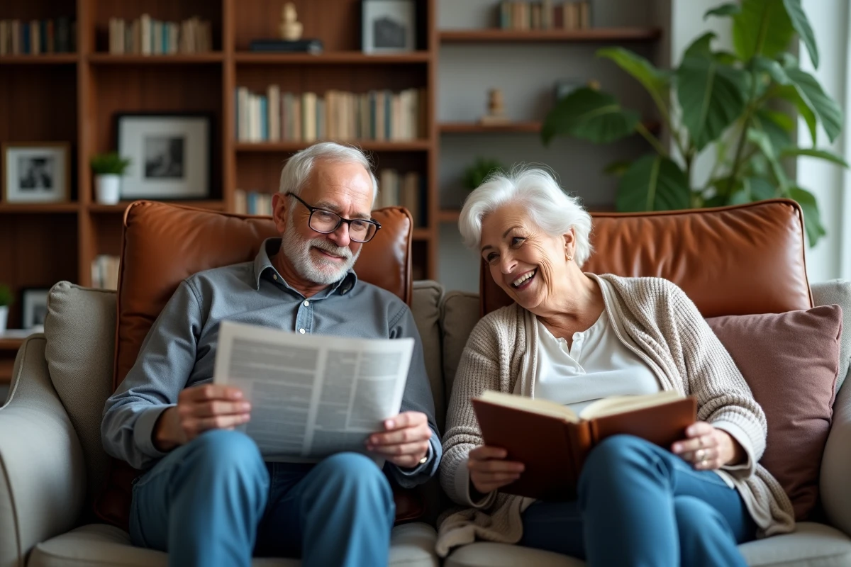 Couple senior dans un salon raffiné, homme lisant un journal et femme souriante tenant un livre, atmosphère domestique chaleureuse
