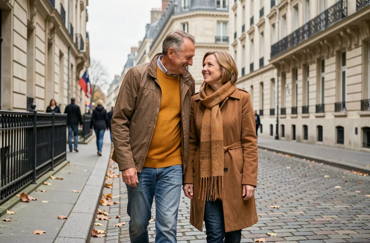 Couple d'âge mûr se promenant dans les rues de Paris illustrant la thématique du mariage et de la vie conjugale