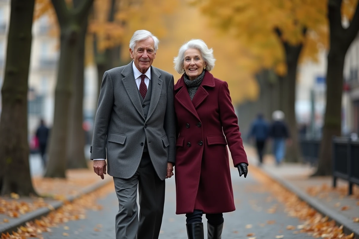 Homme distingué aux cheveux argentés et femme élégante marchant ensemble sur un boulevard parisien en automne, feuilles dorées au sol
