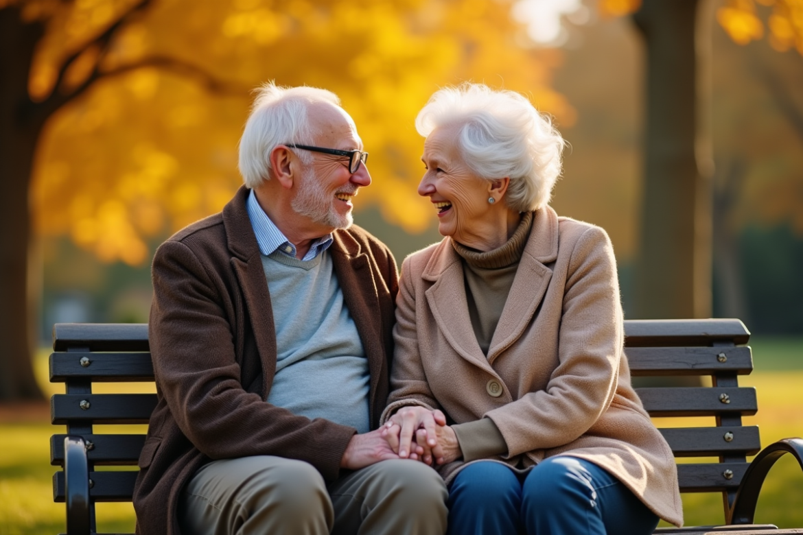 Couple senior assis sur un banc en automne