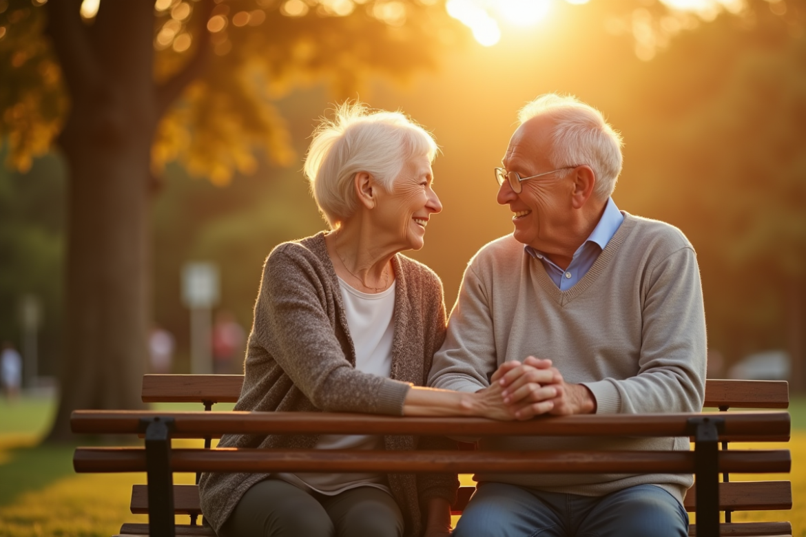 Couple senior assis sur un banc ensoleille dans un parc