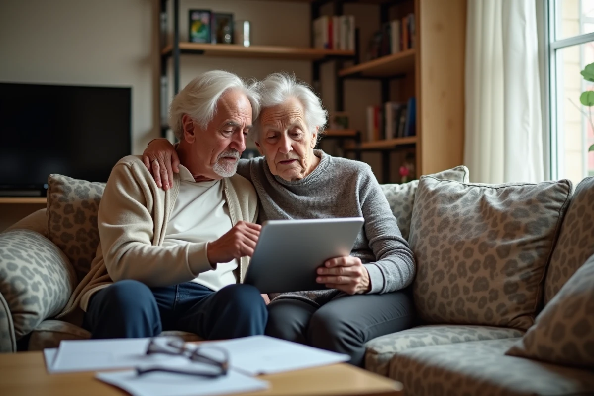 Couple de seniors consultant leur espace CAF sur une tablette pour découvrir les nouvelles aides 2026
