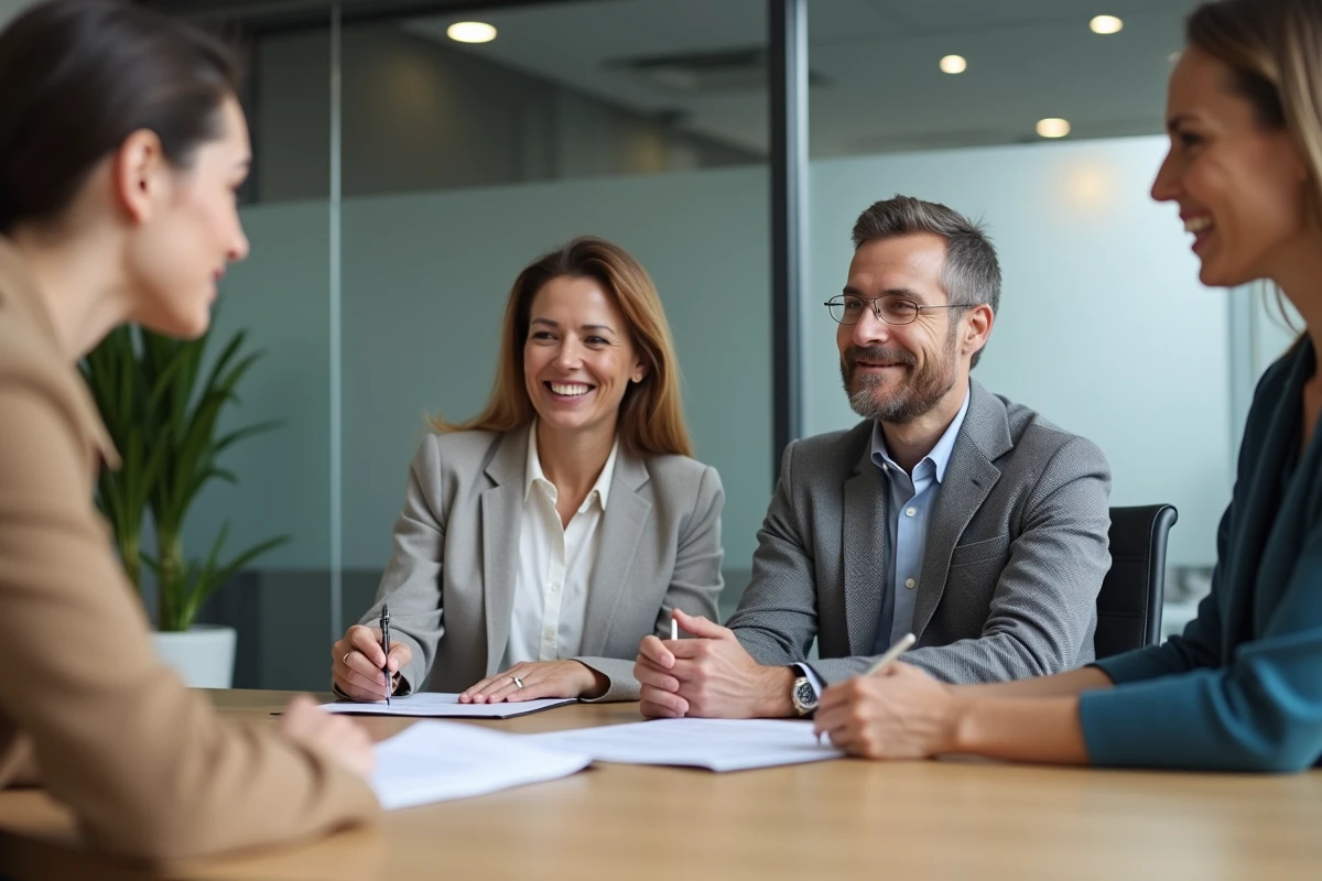 Couple d'une famille recomposée signant un testament authentique devant un notaire en bureau moderne