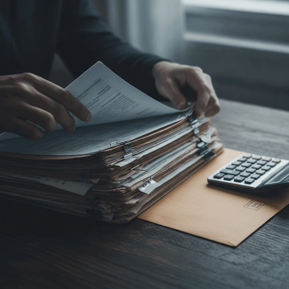 Mains feuilletant un dossier de divorce épais avec documents et factures annexes