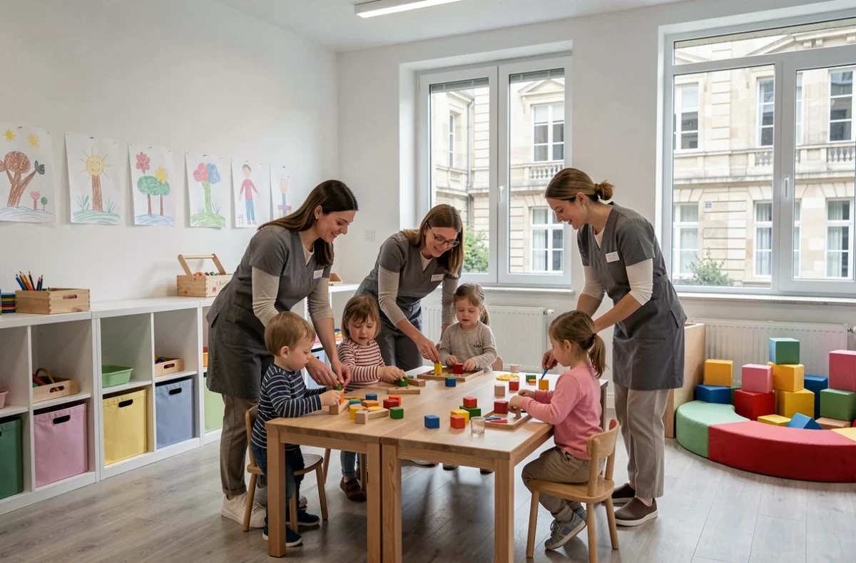 Salle de jeux d'une crèche collective municipale au centre-ville de Nancy avec des éducatrices accompagnant des tout-petits lors d'une activité manuelle