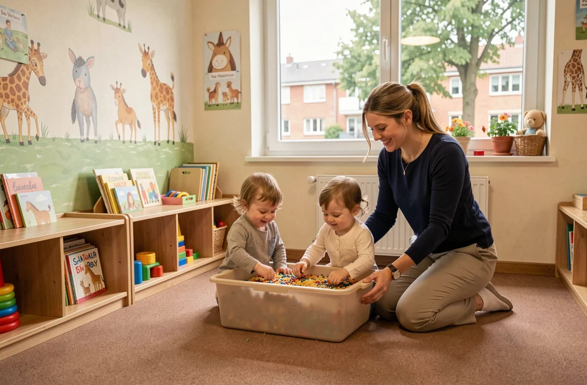 Éducatrice accompagnant des enfants dans la salle de jeux d'une crèche collective municipale dans le sud de Nancy, avec des murales colorées et des jouets adaptés aux tout-petits