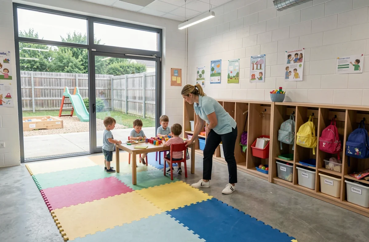 Salle de jeux de la crèche municipale de Laxou avec des éducatrices guidant des tout-petits dans un espace moderne équipé d'une cour extérieure visible à travers les fenêtres