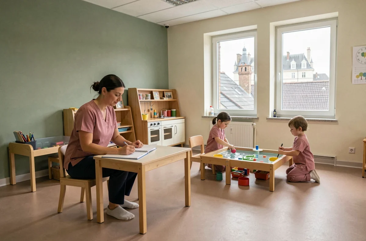 Directrice et équipe éducative de la crèche municipale de Lunéville supervisant des activités de jeux pour les tout-petits, avec la silhouette du château de Lunéville visible par les fenêtres