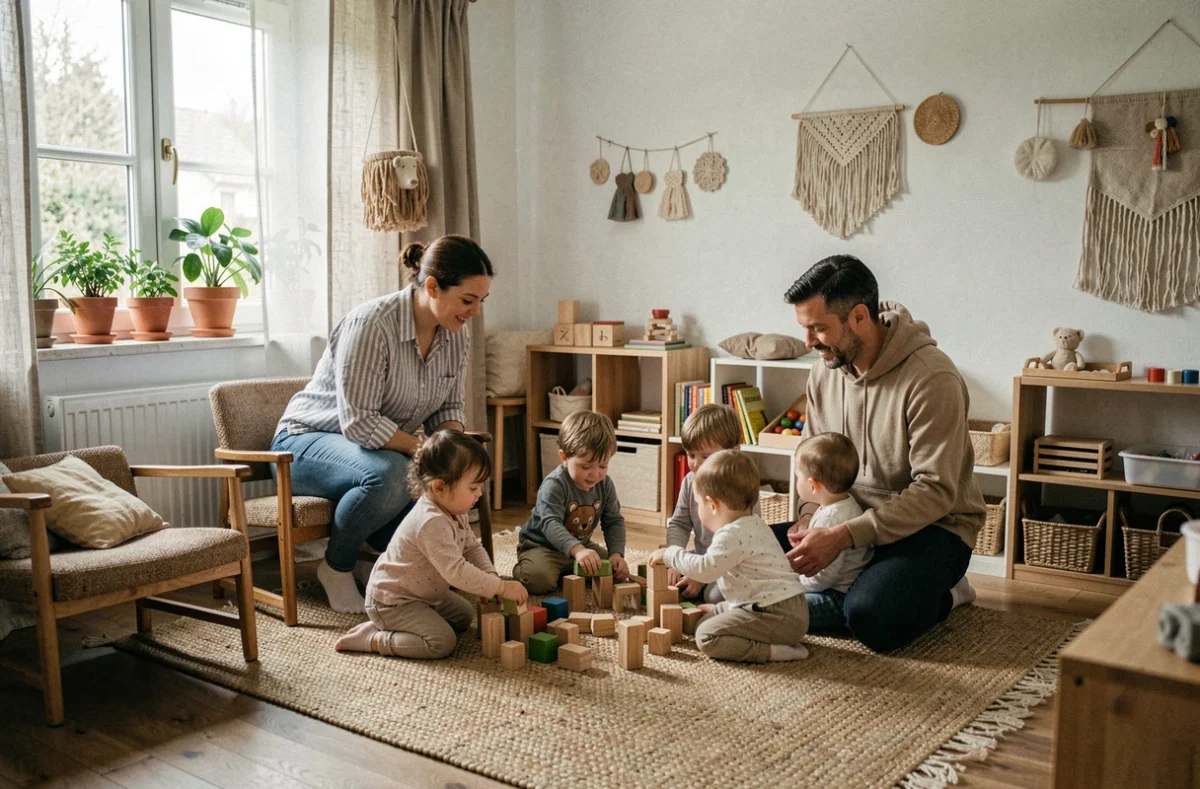Parents bénévoles supervisant des enfants dans une crèche parentale associative à Nancy, avec un intérieur chaleureux et des matériaux pédagogiques naturels