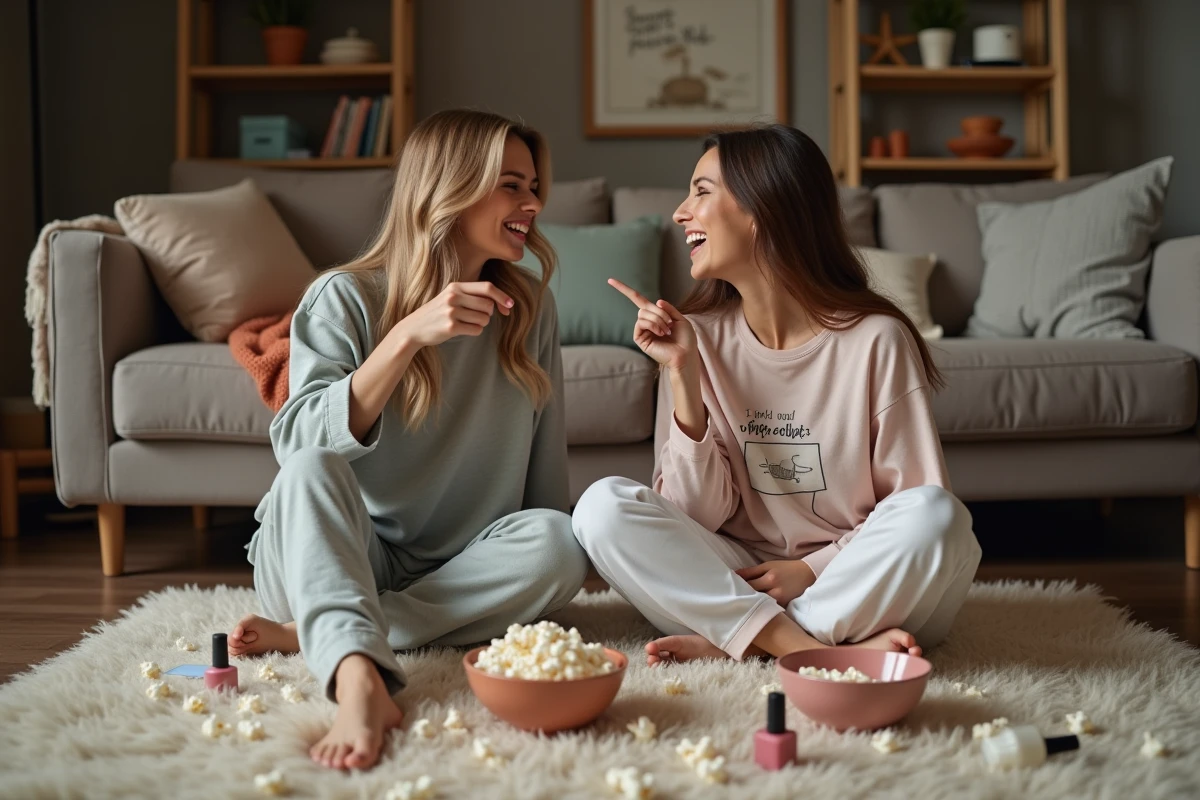 Deux amies en pyjama assises sur un tapis de salon riant à une question de jeu lors d'une soirée pyjama