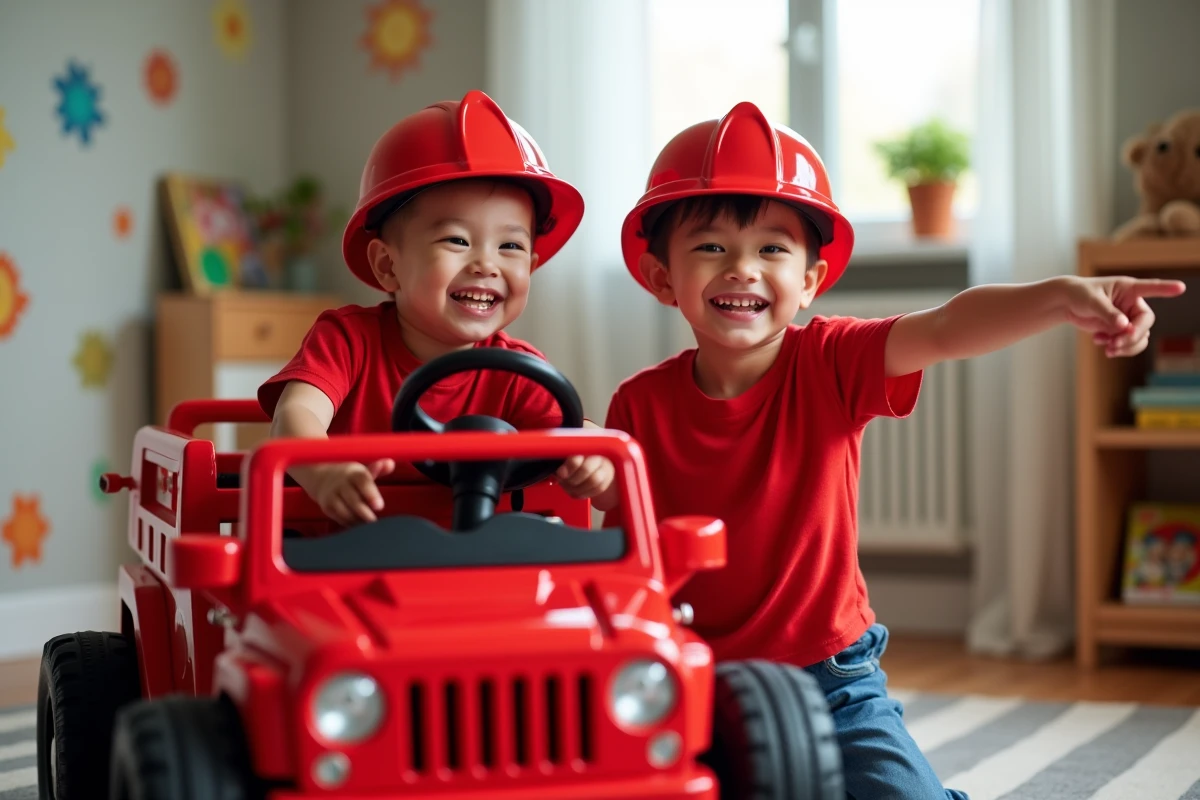 Deux jeunes garçons en costume de pompier jouant avec un grand camion de pompier jouet XXL dans une chambre d'enfant colorée