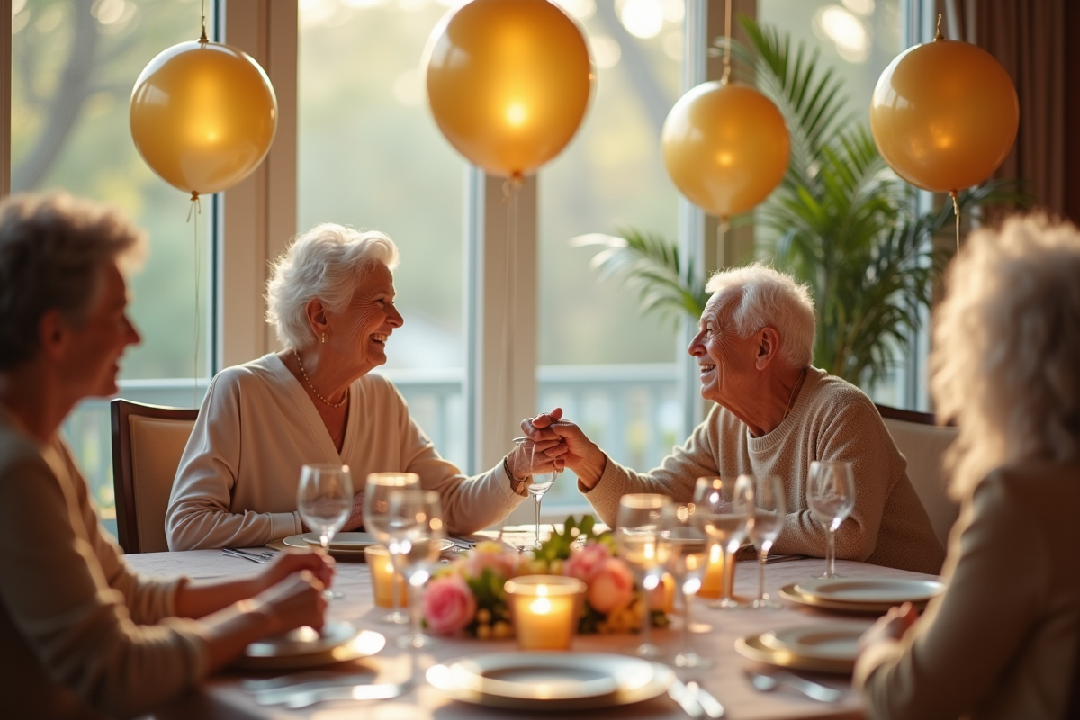 Couple agee main dans la main diner elegant