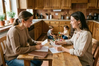 Deux mères discutent du tarif d'une nounou à domicile autour d'une table de cuisine avec des notes manuscrites