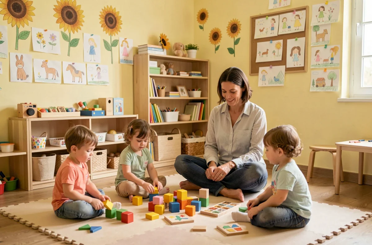 Salle de jeux de l'École Maternelle Privée Les Tournesols avec des tout-petits et des décorations en tournesols