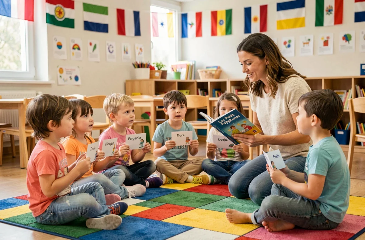 Classe multilingue des Petits Polyglottes avec des enfants tenant des cartes de vocabulaire en plusieurs langues