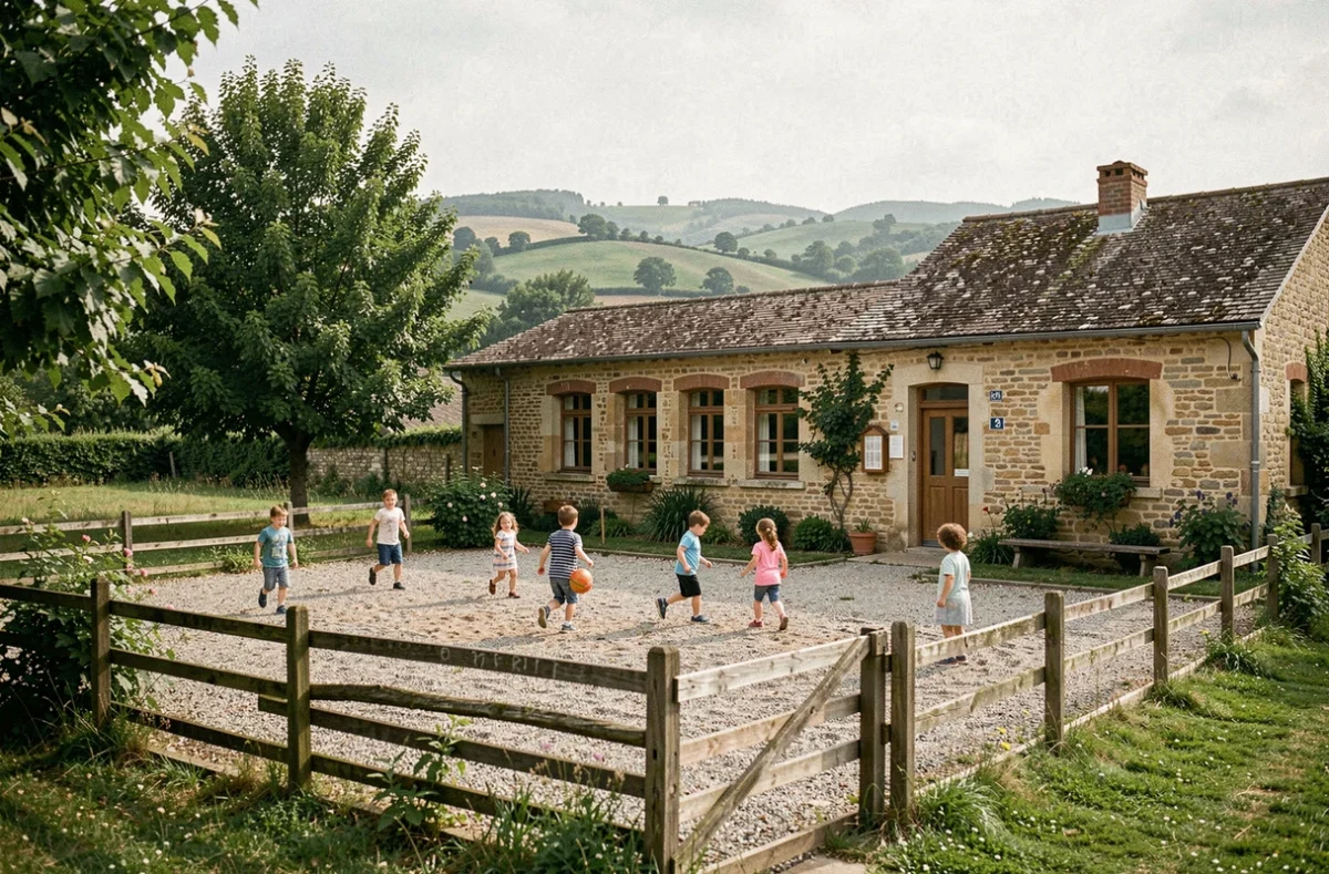 Petite école primaire privée de Limerol entourée de verdure avec des enfants dans la cour