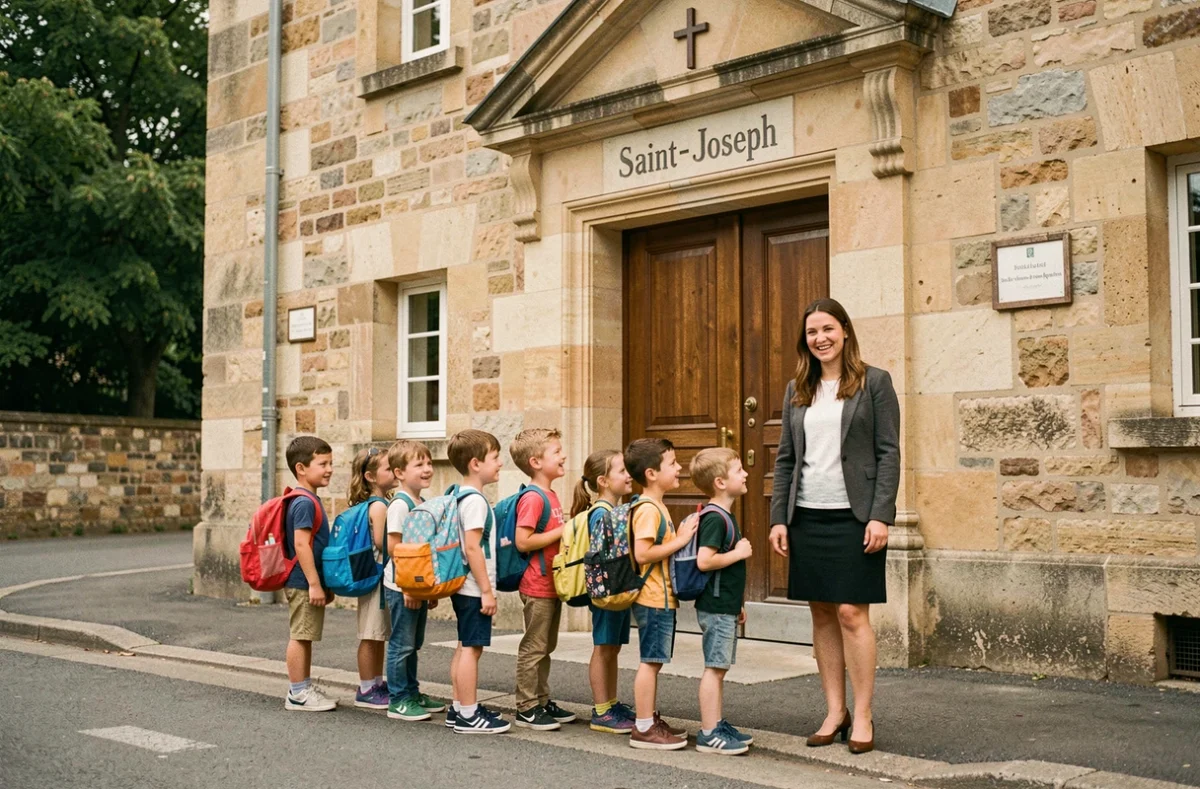 Entrée de l'École Primaire Privée Saint-Joseph à Bourg-en-Bresse avec des enfants en rang