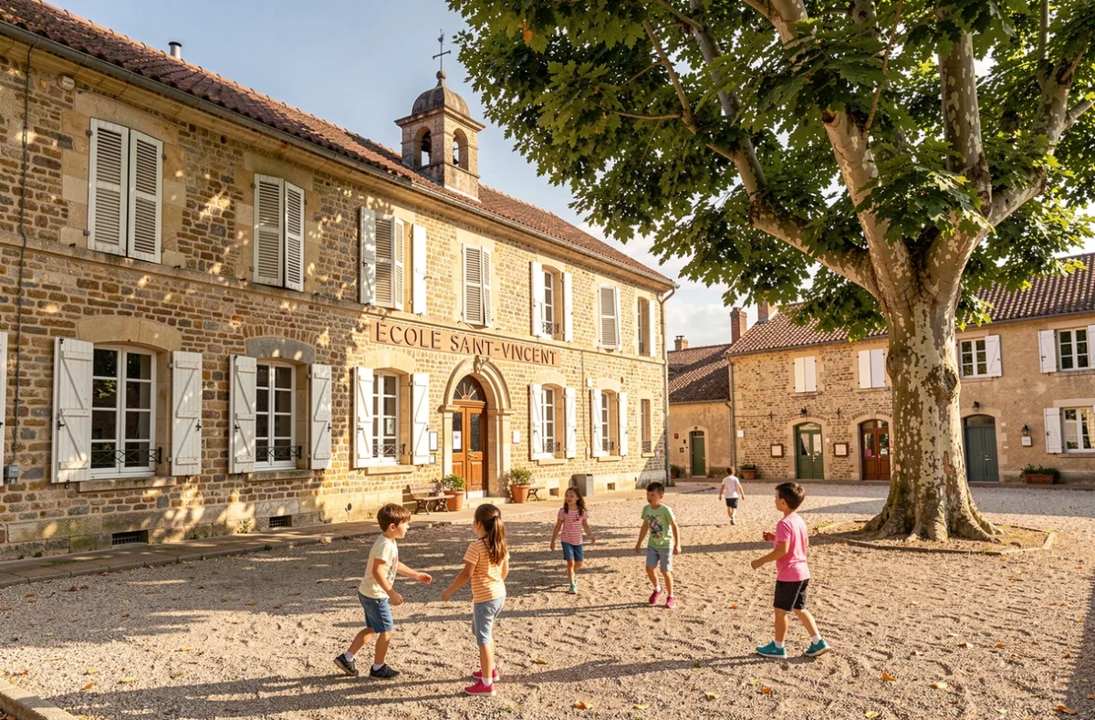 Façade en pierre de l'École Primaire Privée Saint-Vincent avec des enfants jouant dans la cour