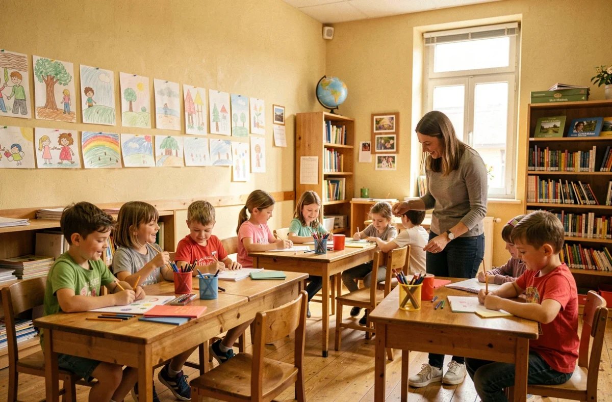 Salle de classe de l'École Primaire Privée Sainte-Thérèse avec des enfants faisant des activités artistiques