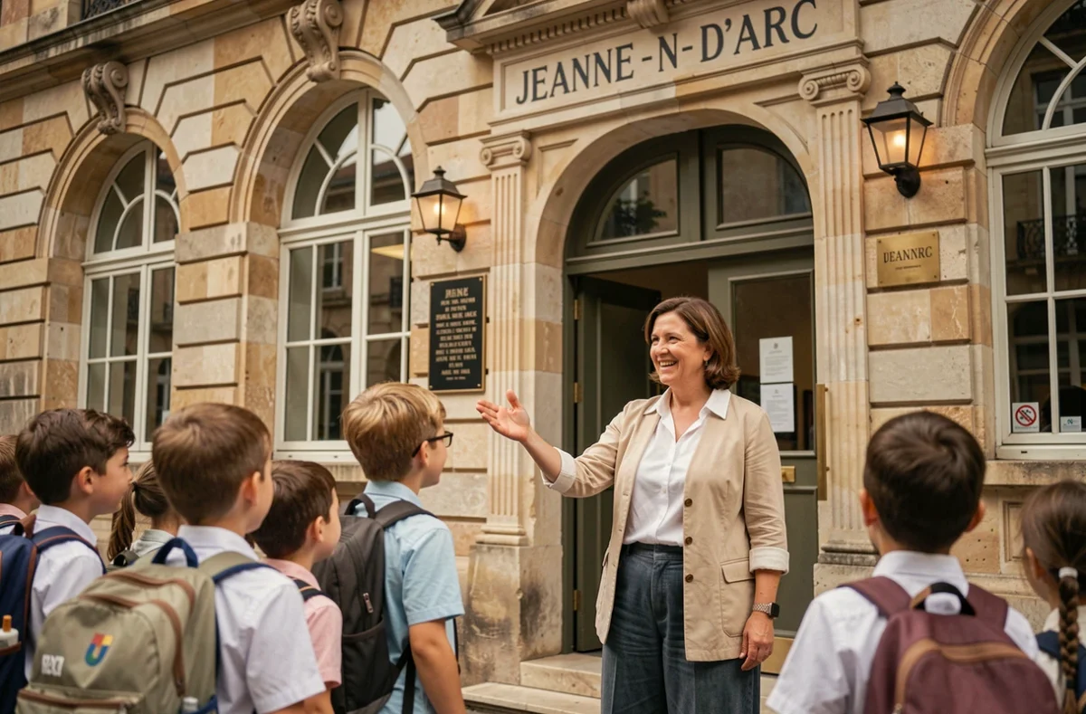 Entrée de l'École Privée Jeanne d'Arc à Bourg-en-Bresse avec une enseignante accueillant des élèves