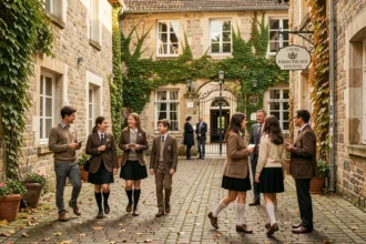 Cour d'une école privée dans l'Ain avec des élèves et des bâtiments en pierre traditionnels