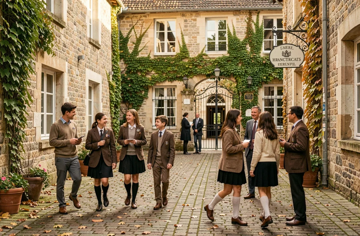 Cour d'une école privée dans l'Ain avec des élèves et des bâtiments en pierre traditionnels