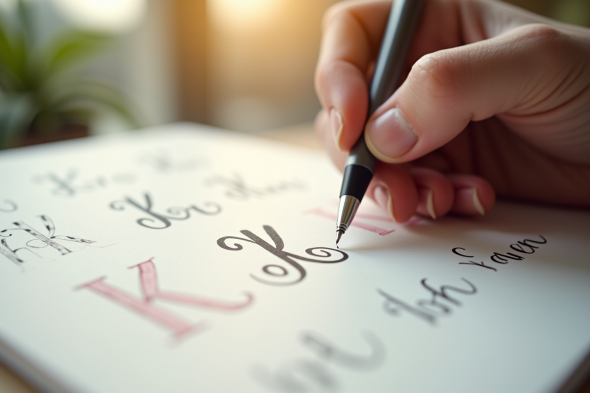 Main écrivant prénoms K en cursive sur un cahier lumineux