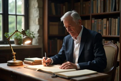 Écrivain célèbre protégeant son intimité dans un bureau privé entouré de livres et de manuscrits