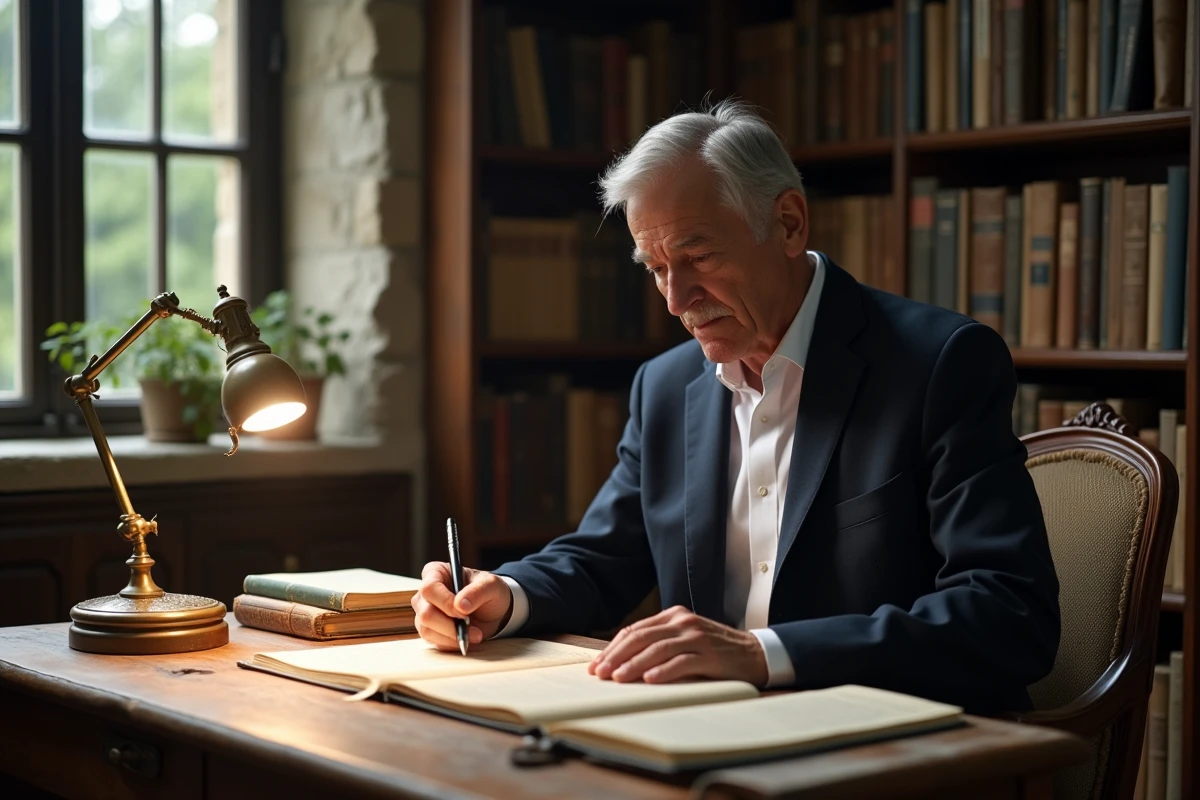Écrivain célèbre protégeant son intimité dans un bureau privé entouré de livres et de manuscrits