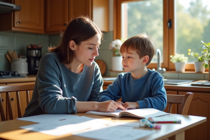 Garçon de 10 ans en classe avec sa mère dans une cuisine chaleureuse