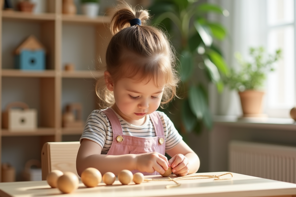 Petite fille de trois ans en train de faire des perles Montessori