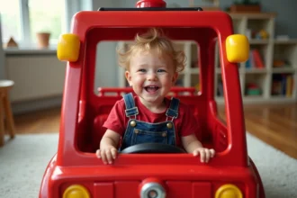 Enfant en bas âge assis dans un grand camion de pompier jouet XXL rouge avec volant et échelle, souriant dans un salon lumineux