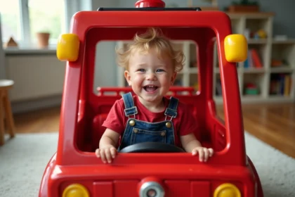 Enfant en bas âge assis dans un grand camion de pompier jouet XXL rouge avec volant et échelle, souriant dans un salon lumineux